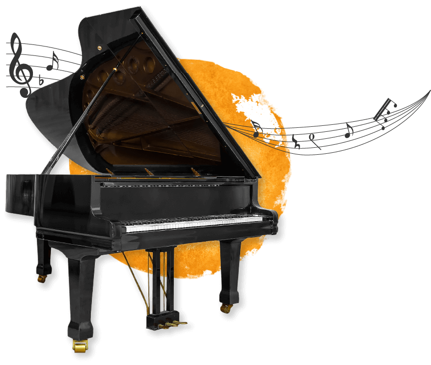 Piano, music notes and orange circle